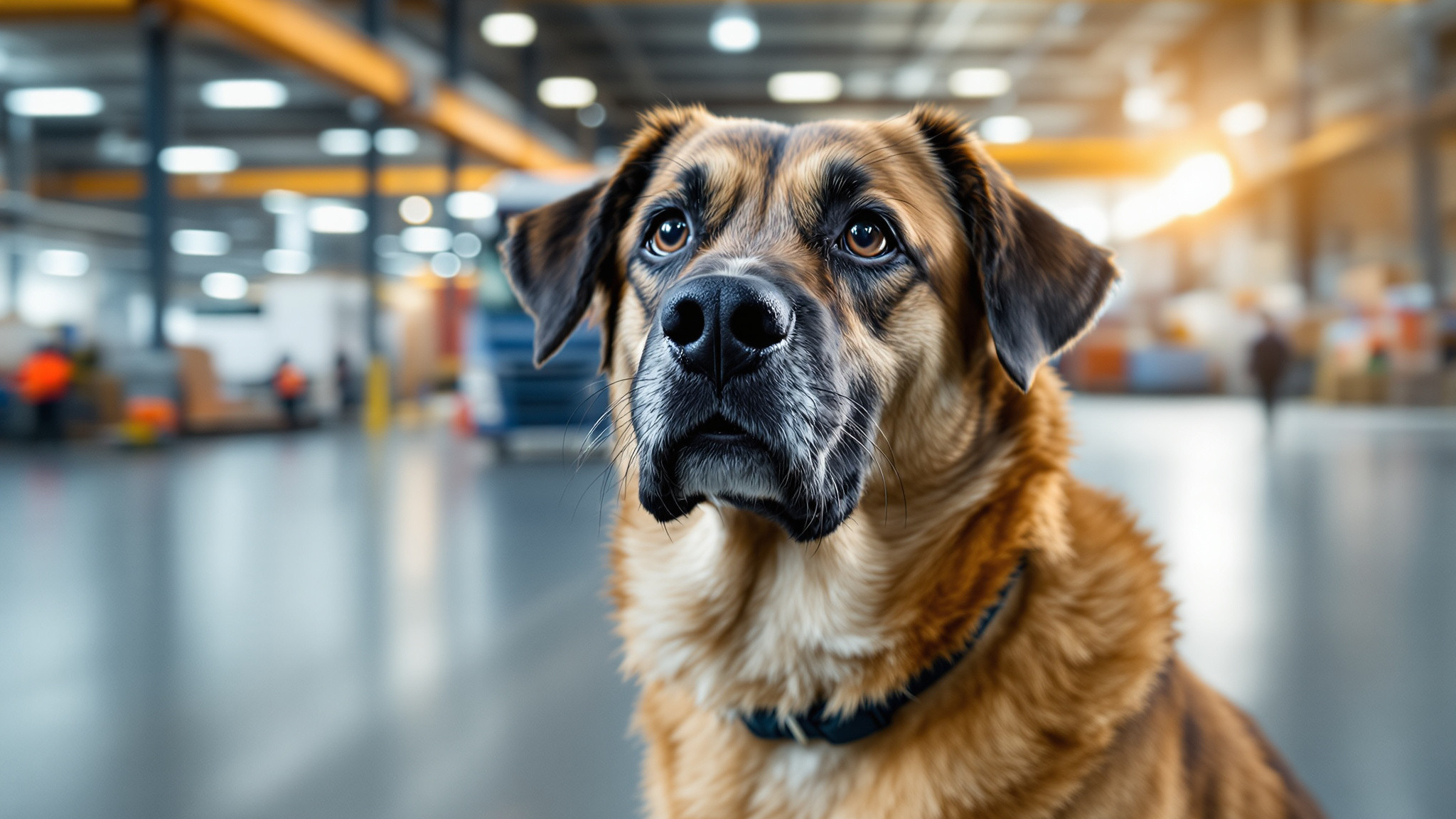 Hund zeigt positives Arbeitsumfeld und echtes Leben im modernen Logistikbüro.