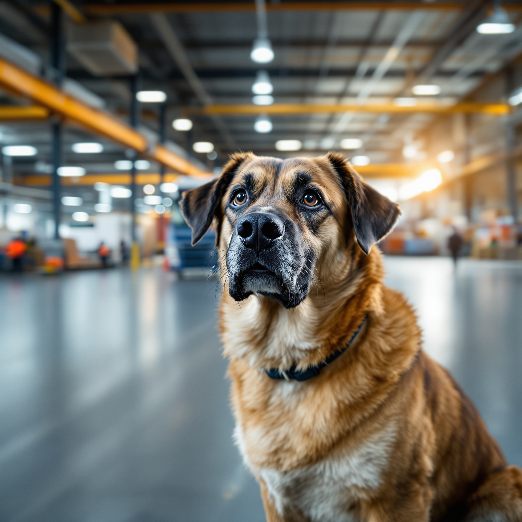 Hund zeigt positives Arbeitsumfeld und echtes Leben im modernen Logistikbüro.